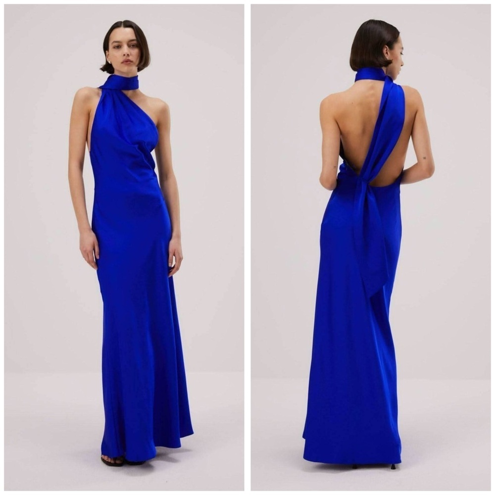 MISHA Alastair One-Shoulder Electric Blue Satin Maxi Gown NWT Size L​​